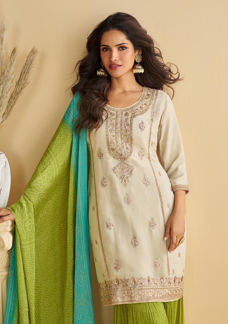 White Embroidery Chinon Kurta Set - Indya