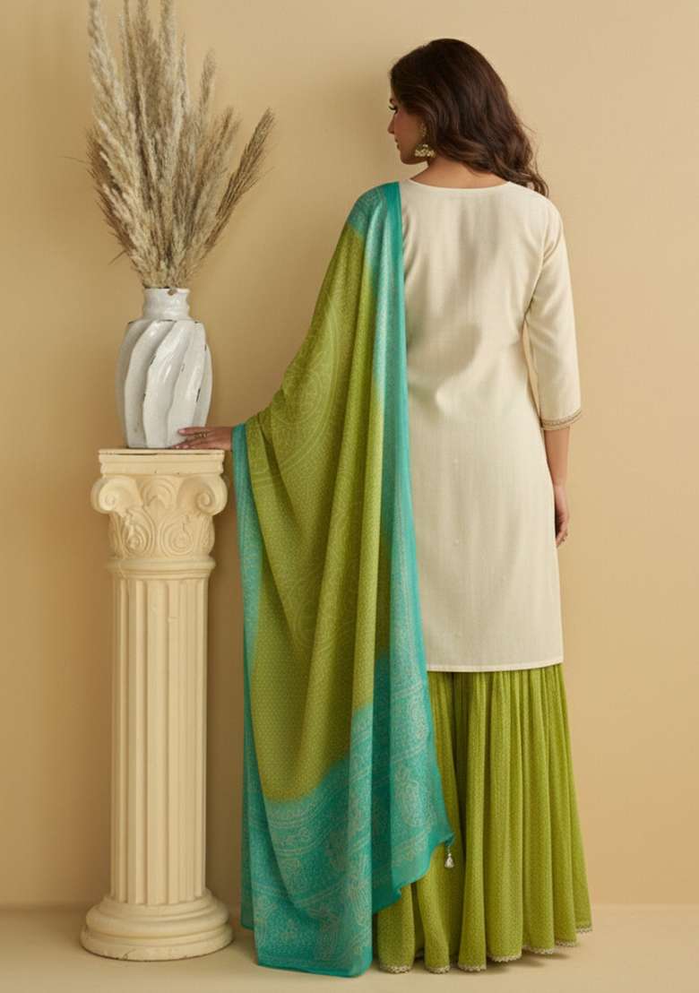 White Embroidered Chinon Sharara Set - Indya