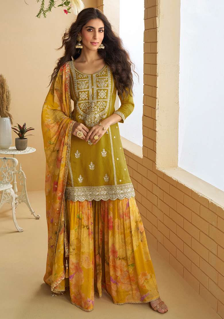 Henna Green Embroidered Chinon Sharara Set - Indya