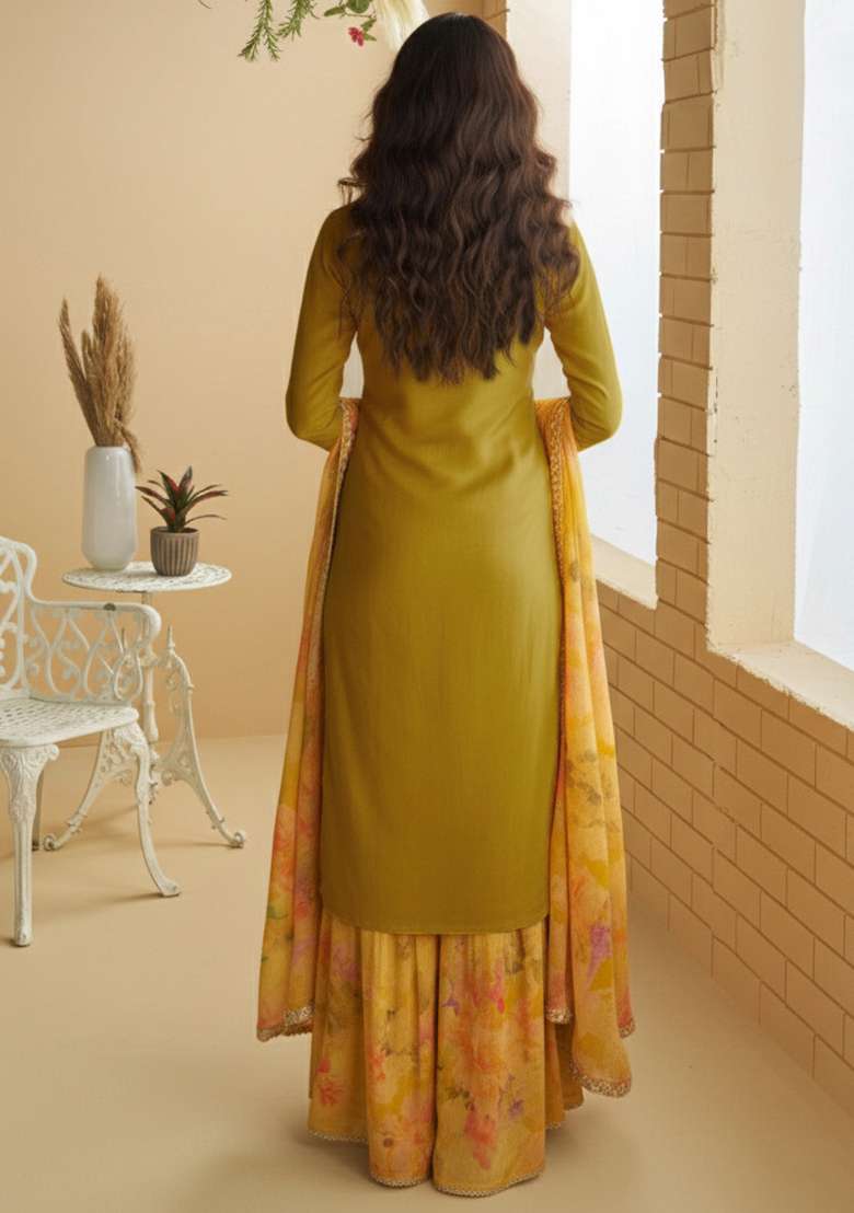 Henna Green Embroidered Chinon Sharara Set - Indya