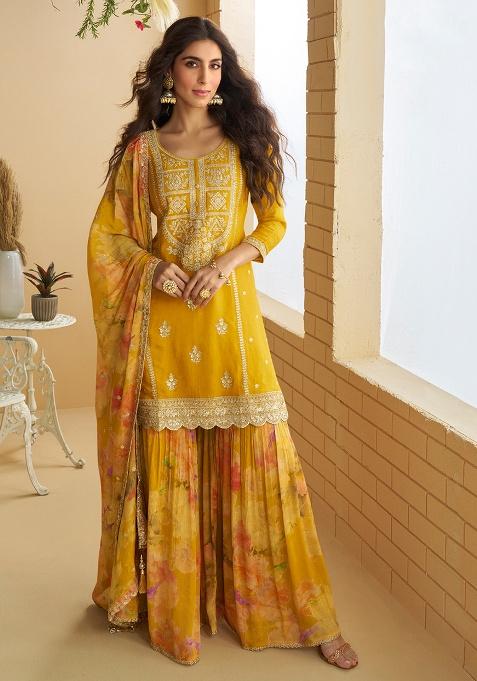 Yellow Embroidery Chinon Kurta Set