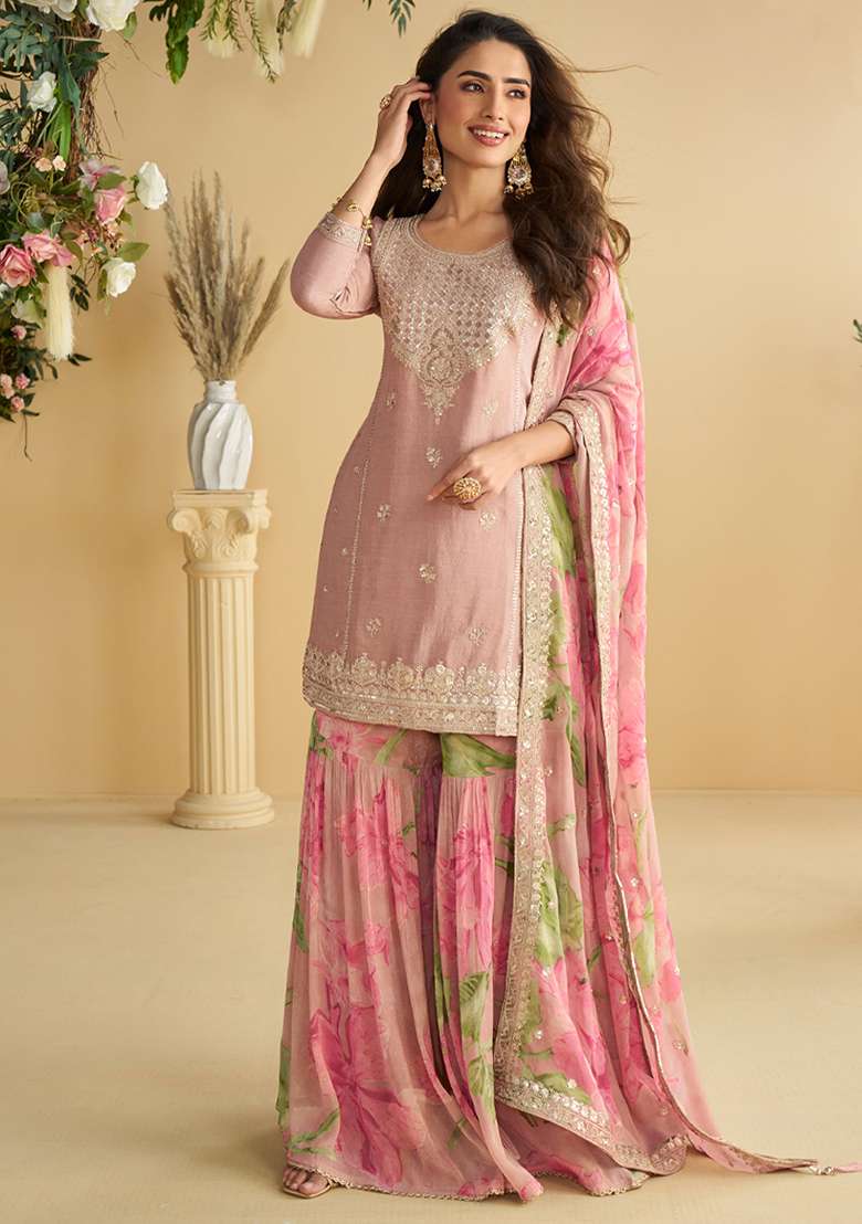 Pink Embroidered Chinon Sharara Set - Indya