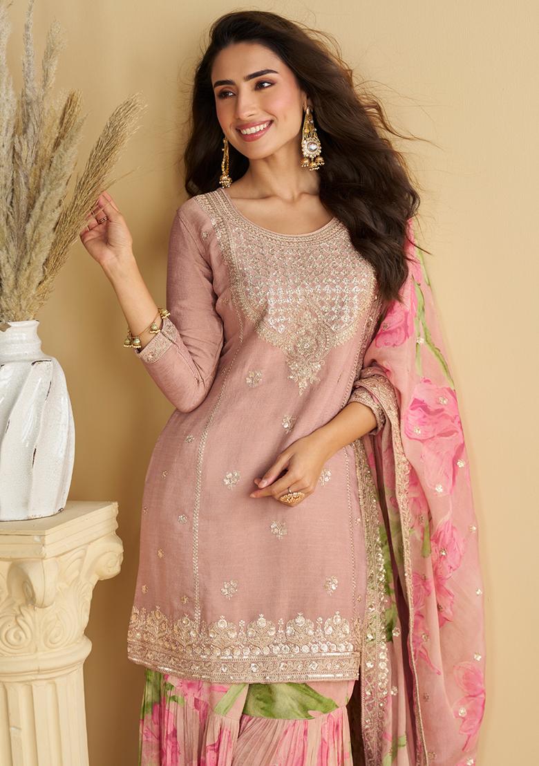 Pink Embroidery Chinon Kurta Set - Indya