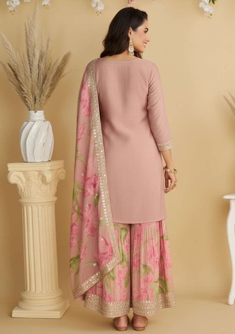 Pink Embroidered Chinon Sharara Set - Indya