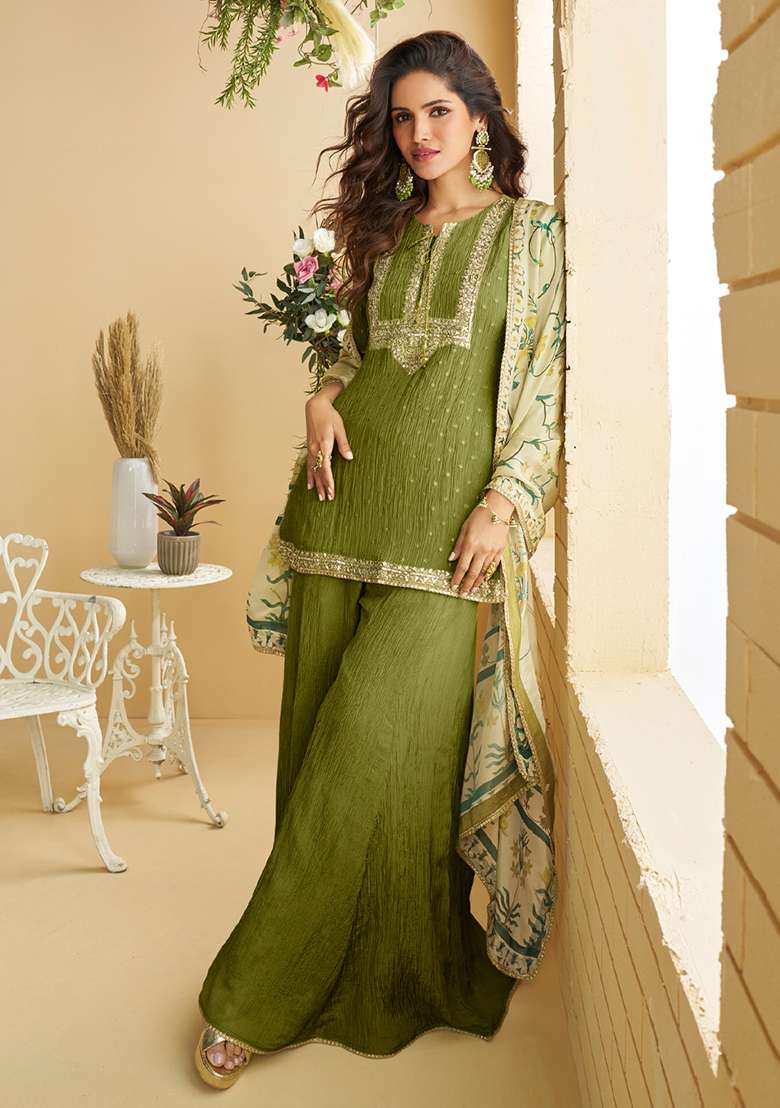 Mehendi Embroidered Chinon Sharara Set - Indya