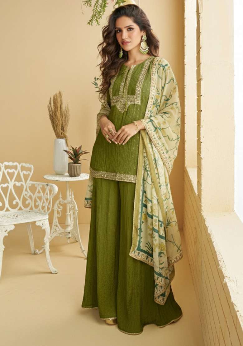 Mehendi Embroidered Chinon Sharara Set - Indya