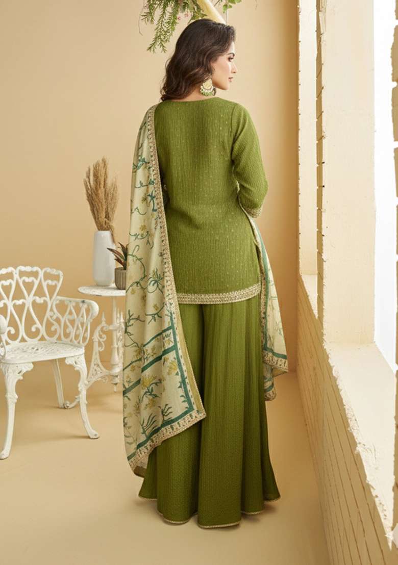 Mehendi Embroidered Chinon Sharara Set - Indya