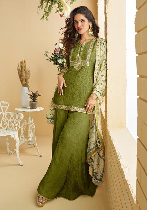 Mehendi Embroidered Chinon Sharara Set