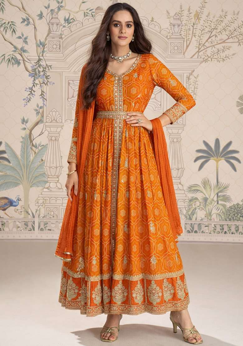 Orange Bandhani Chinon Anarkali Set - Indya