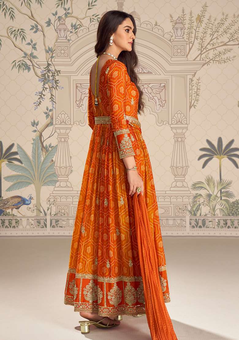 Orange Bandhani Chinon Anarkali Set - Indya