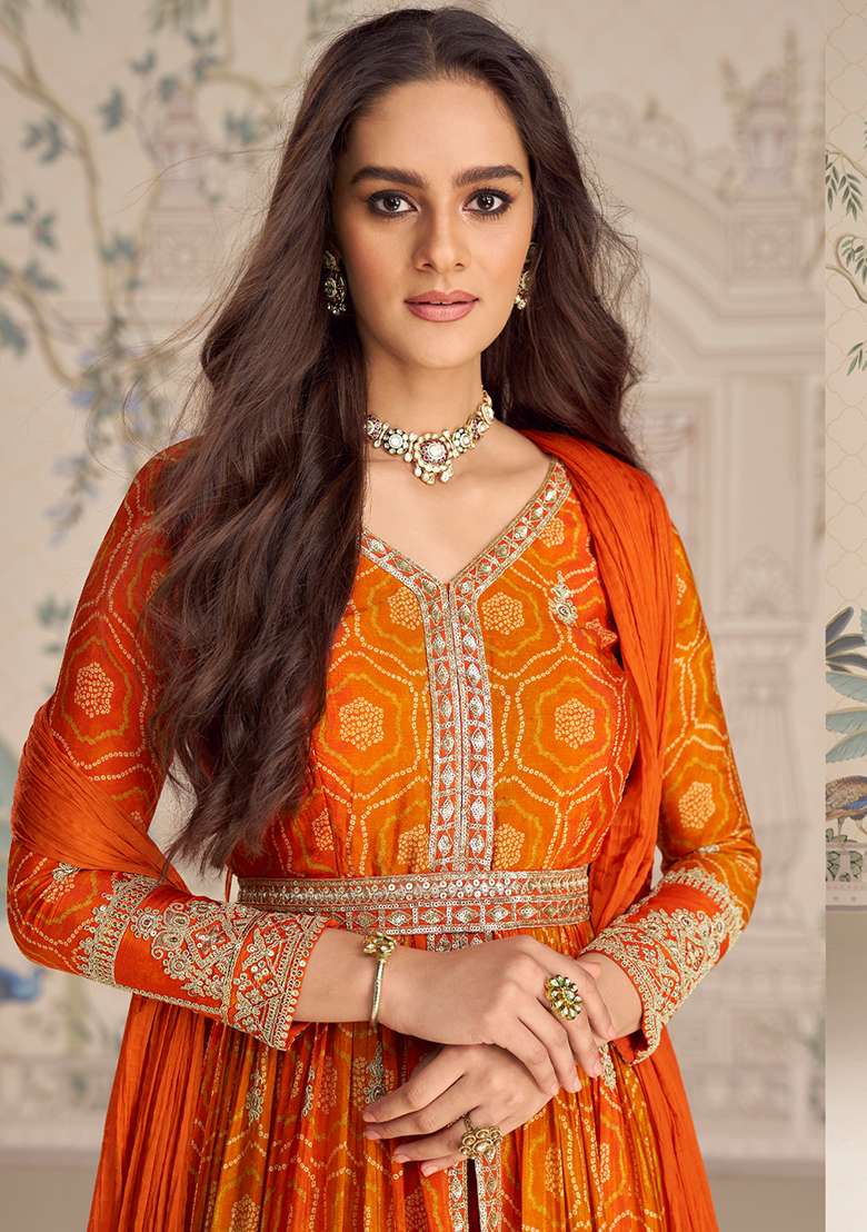 Orange Bandhani Chinon Anarkali Set - Indya