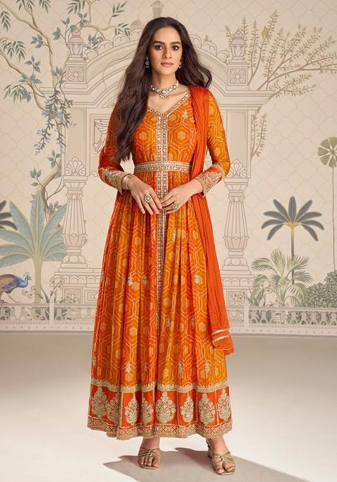Orange Embroidery Chinon Kurta Set