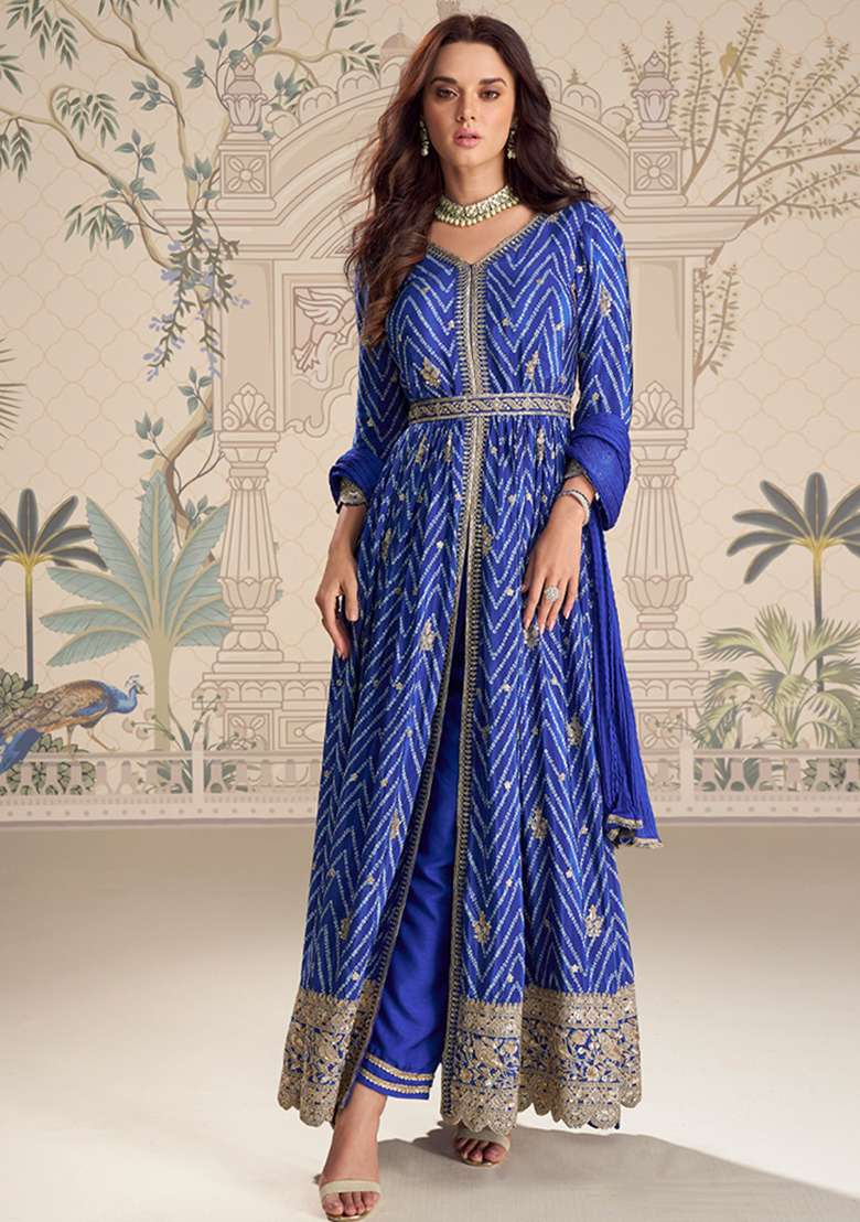 Royal Blue Printed Chinon Anarkali Set - Indya