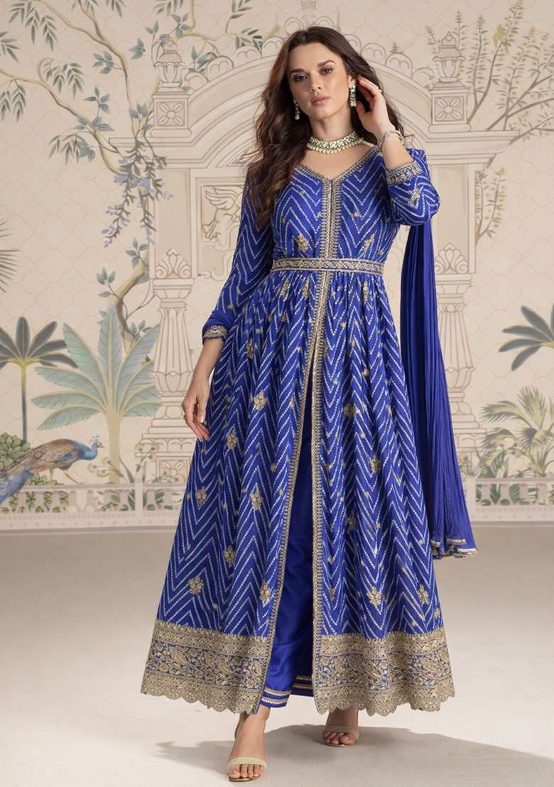 Royal Blue Printed Chinon Anarkali Set - Indya