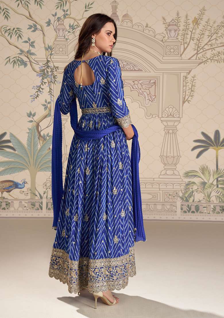 Royal Blue Printed Chinon Anarkali Set - Indya