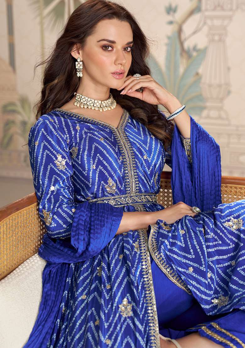 Royal Blue Printed Chinon Anarkali Set - Indya