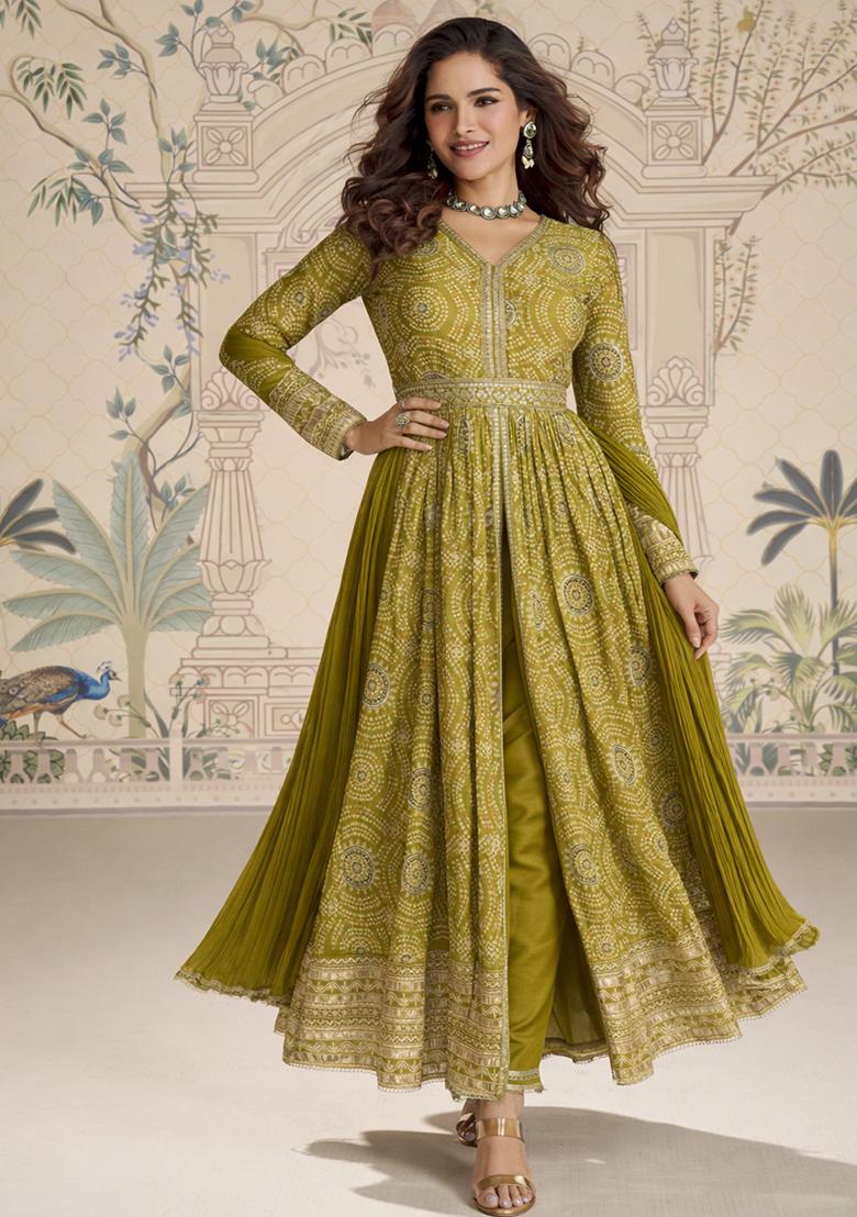 Parrot Embroidery Chinon Kurta Set - Indya