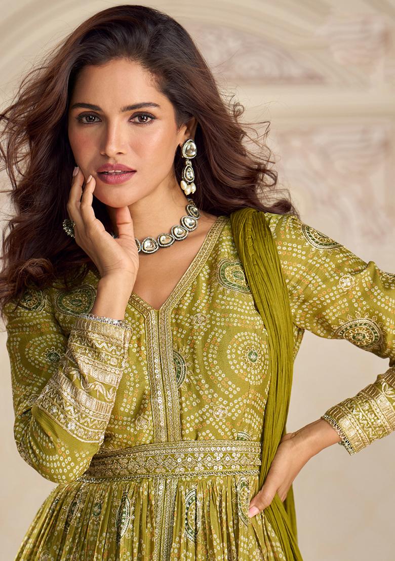 Parrot Embroidery Chinon Kurta Set - Indya