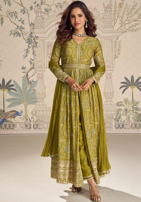 Parrot Embroidery Chinon Kurta Set