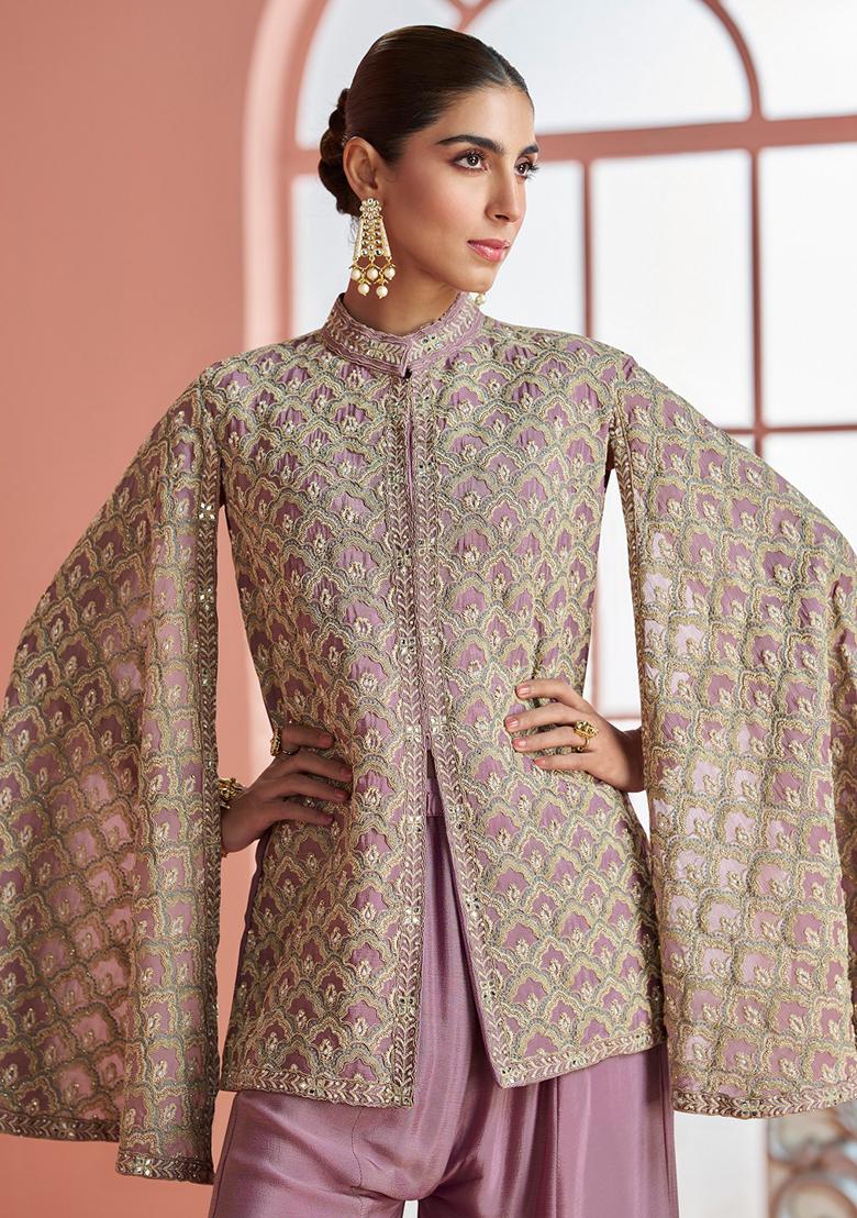 Mauve Embroidery Chinon Kurta Set - Indya
