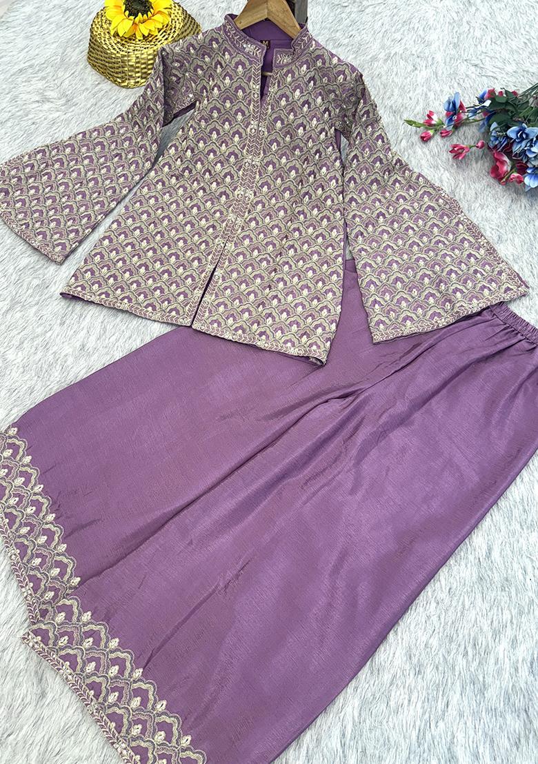 Mauve Embroidery Chinon Kurta Set - Indya
