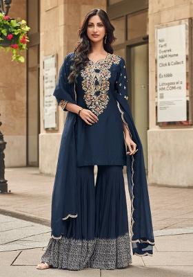 Navy Blue Embroidery Chinon Kurta Set