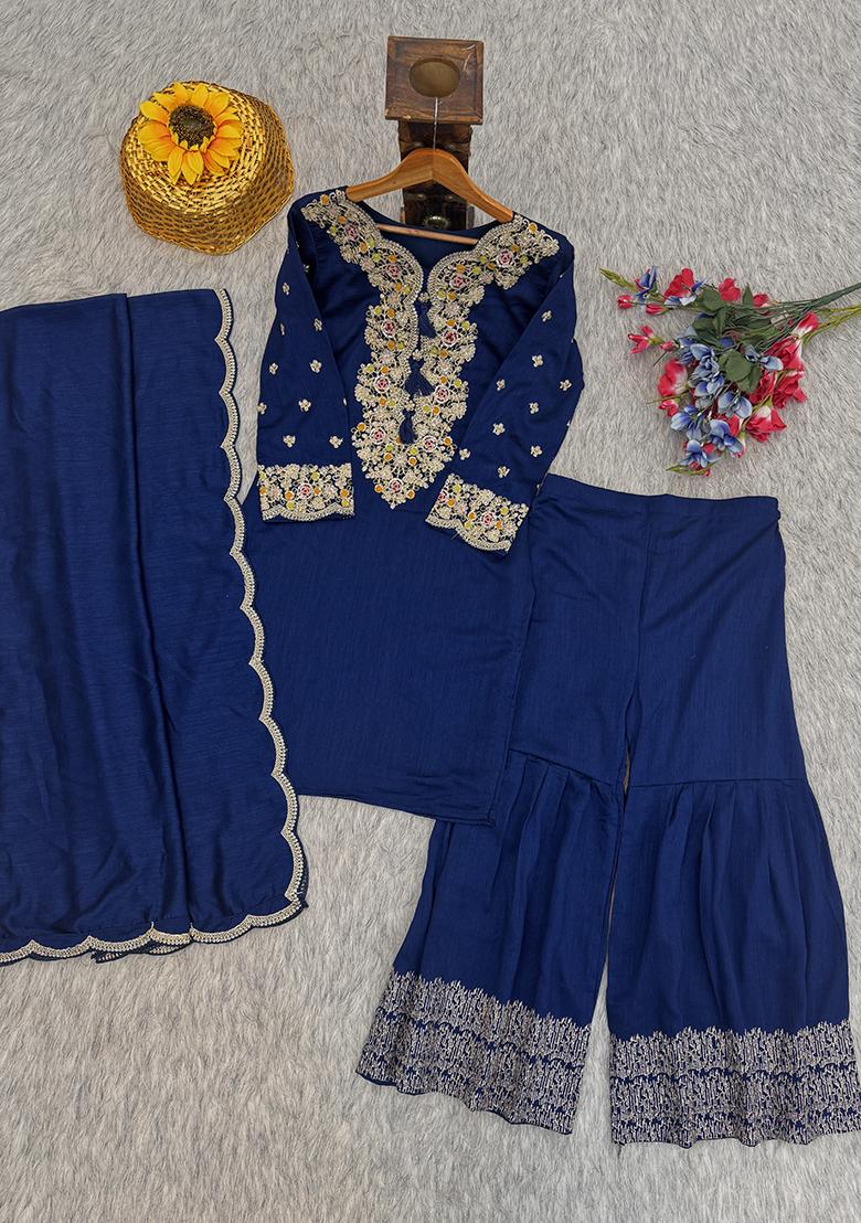 Navy Blue Embroidery Chinon Kurta Set - Indya