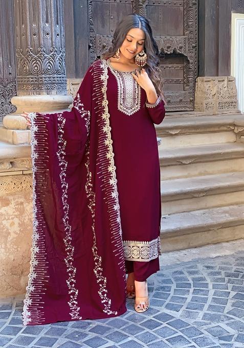 Wine Embroidered Silk Straight Kurta Set