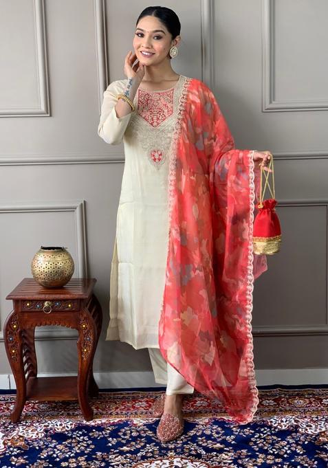 Cream Embroidered Chanderi Straight Kurta Set