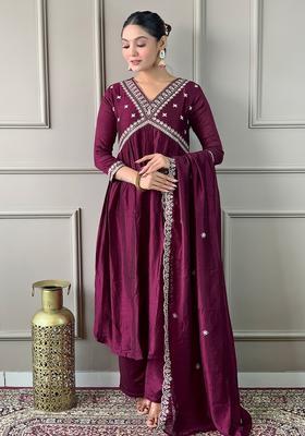 Wine Embroidered Silk Blend Anarkali Set