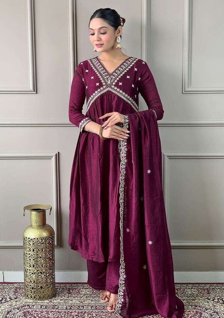 Wine Embroidered Silk Blend Anarkali Set - Indya