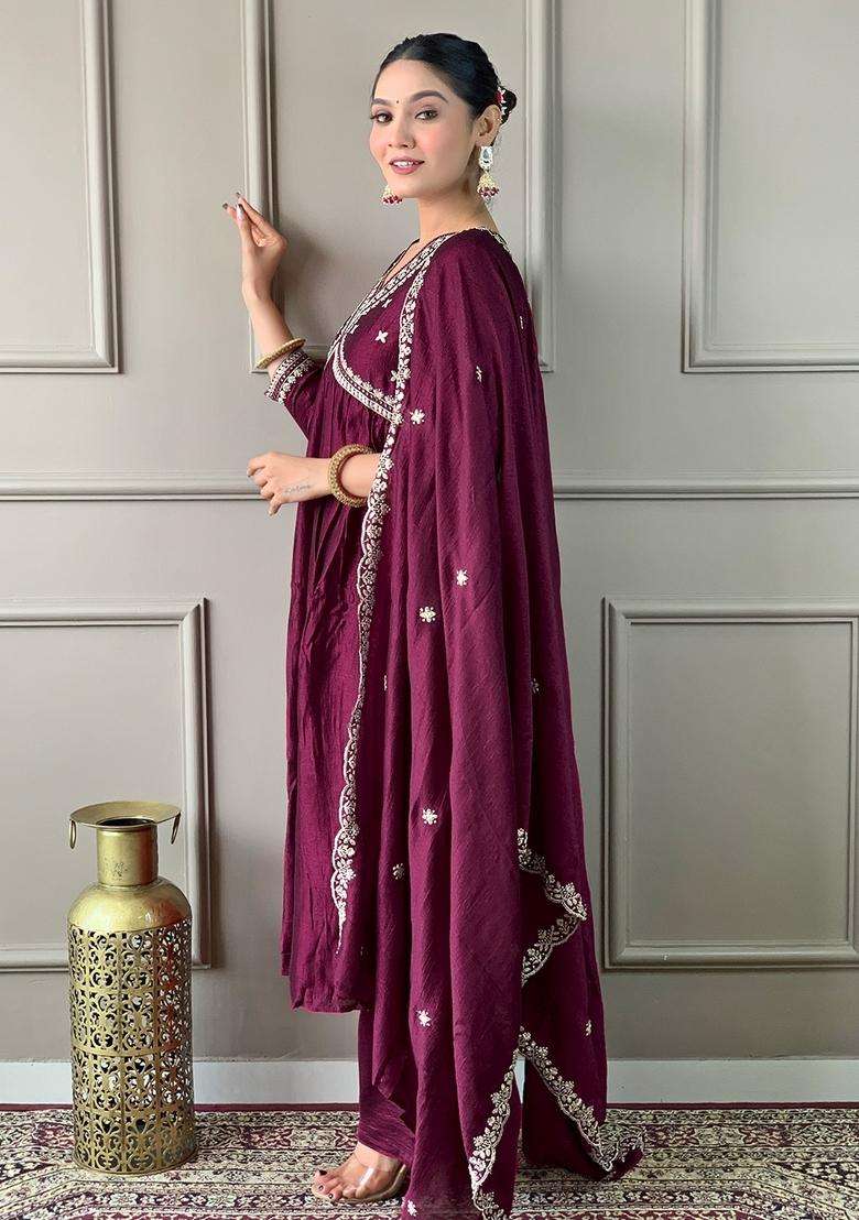 Wine Embroidered Silk Blend Anarkali Set - Indya