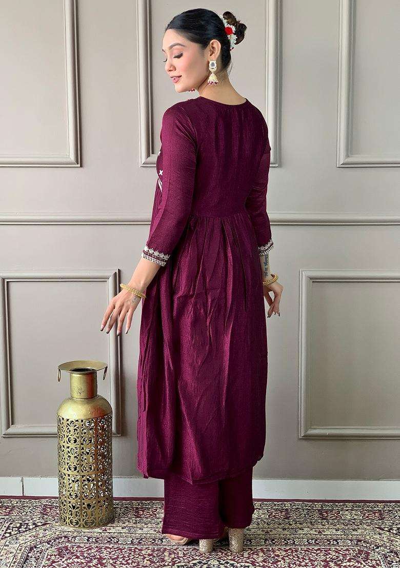 Wine Embroidered Silk Blend Anarkali Set - Indya