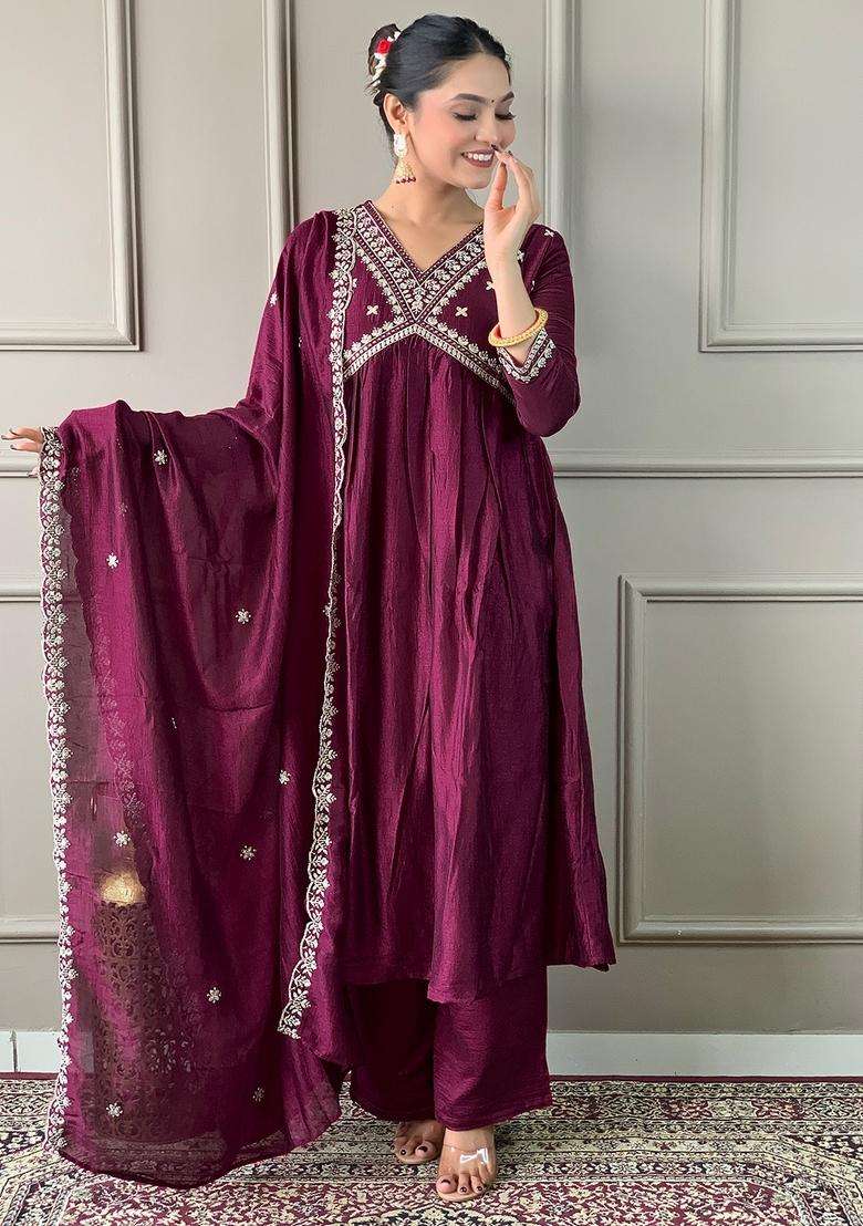 Wine Embroidered Silk Blend Anarkali Set - Indya