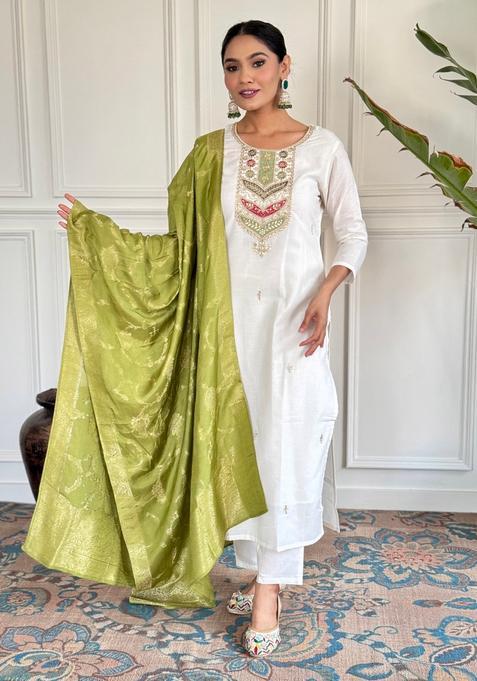 Green Embroidered Silk Straight Kurta Set