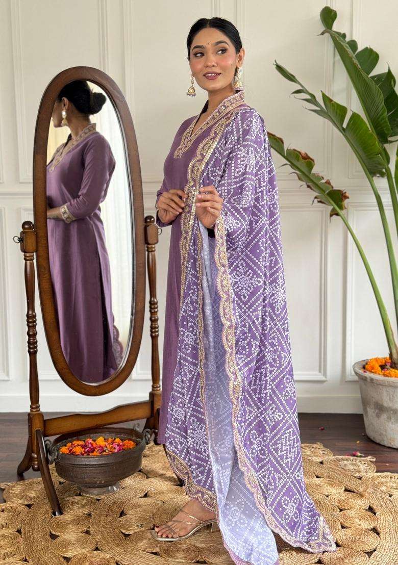 Lavender Solid Silk Blend Straight Kurta Set - Indya