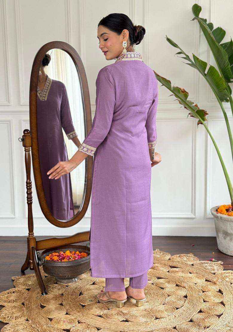 Lavender Solid Silk Blend Straight Kurta Set - Indya