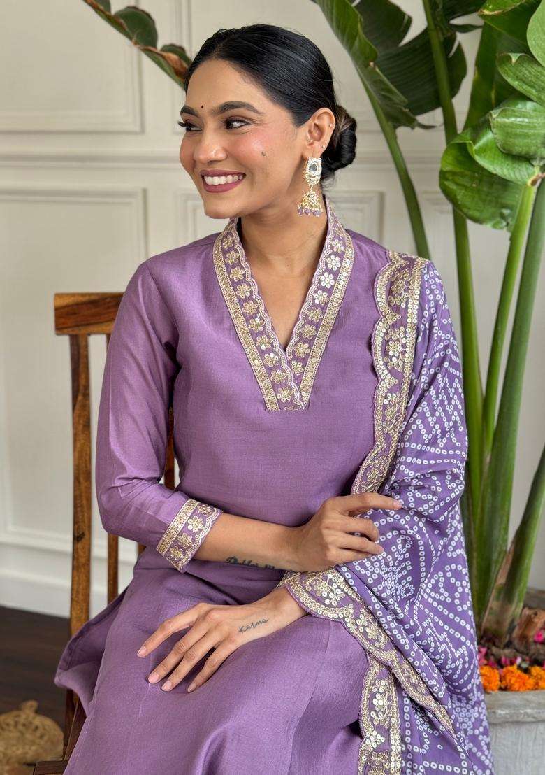 Lavender Solid Silk Blend Straight Kurta Set - Indya