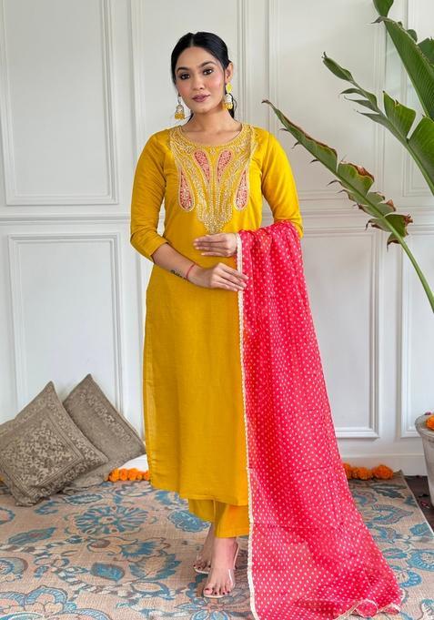 Mustard Embroidered Silk Straight Kurta Set