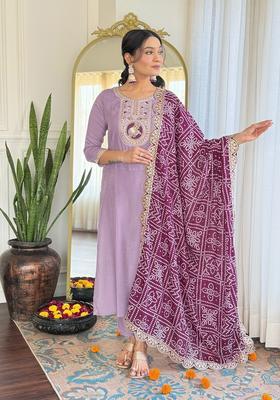 Lavender Embroidered Silk Blend Anarkali Set