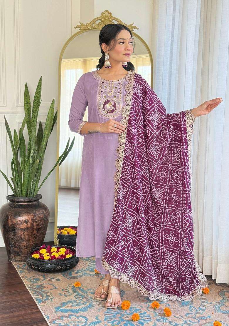 Lavender Embroidered Silk Blend Anarkali Set - Indya