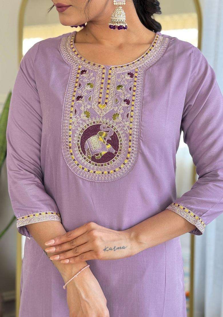 Lavender Embroidered Silk Blend Anarkali Set - Indya