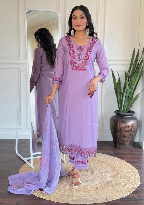 Lavender Embroidered Silk Straight Kurta Set