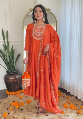 Orange Embroidered Silk Blend Anarkali Set