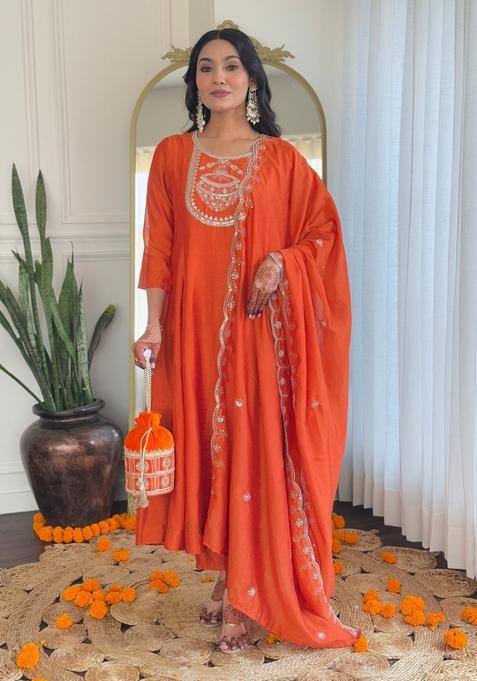 Orange Embroidered Silk Anarkali Set