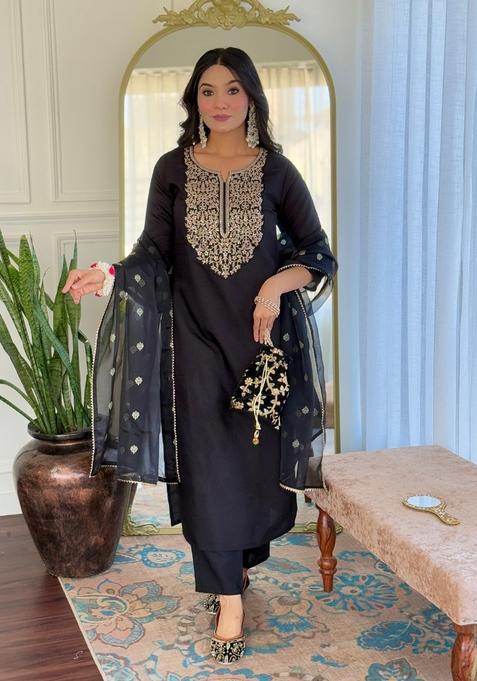 Black Embroidered Silk Straight Kurta Set