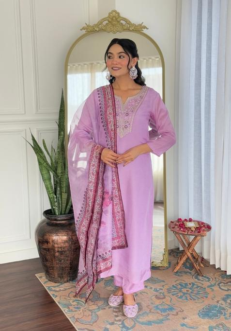 Lavender Embroidered Silk Straight Kurta Set