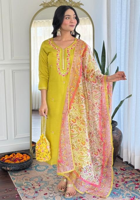 Yellow Embroidered Viscose Straight Kurta Set