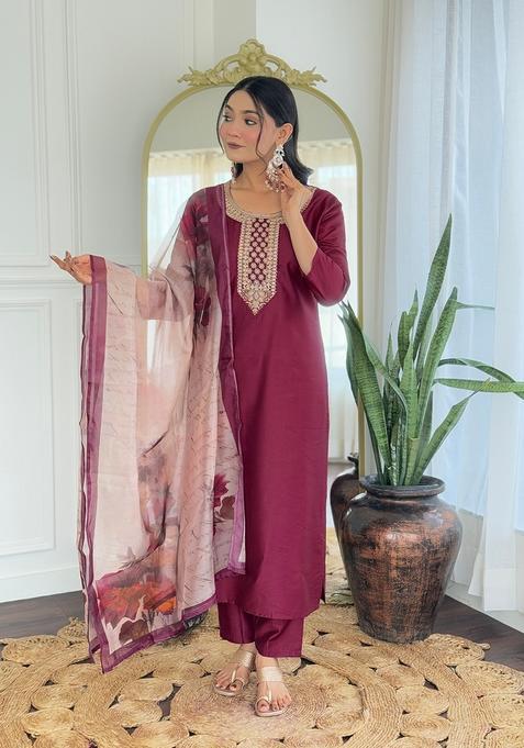 Wine Embroidered Viscose Straight Kurta Set