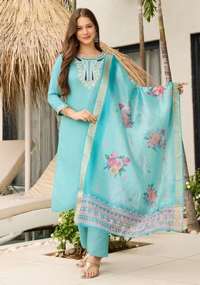Sky Blue Embroidered Rayon Straight Kurta Set
